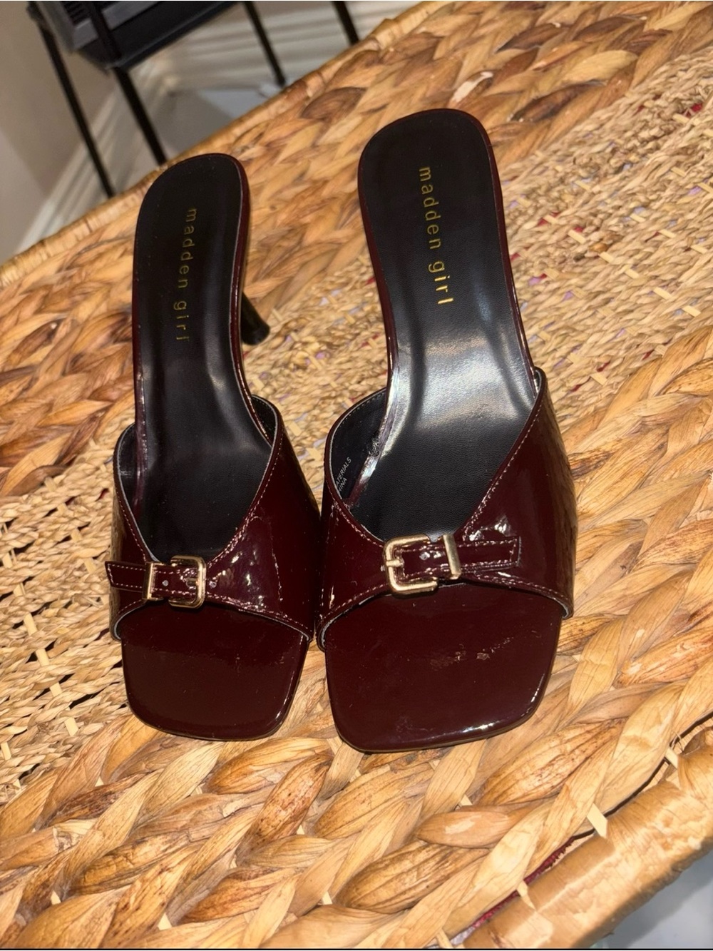 Madden Girl Burgundy Patent Buckle Mule Heels